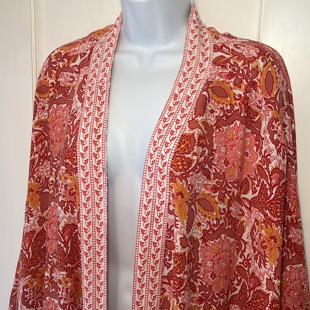 World Market Kimono Robe Long Open Front One Size Floral Print Pockets Boho Pink